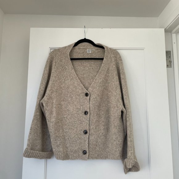 Toteme Cashmere Cardigan Sweater Beige Button Up Ribbed Trim V-Neck Large - Picture 8 of 13